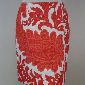 Worth New York Orange White Floral Damask Pencil Skirt Sz 6 Cotton Stretch Lined